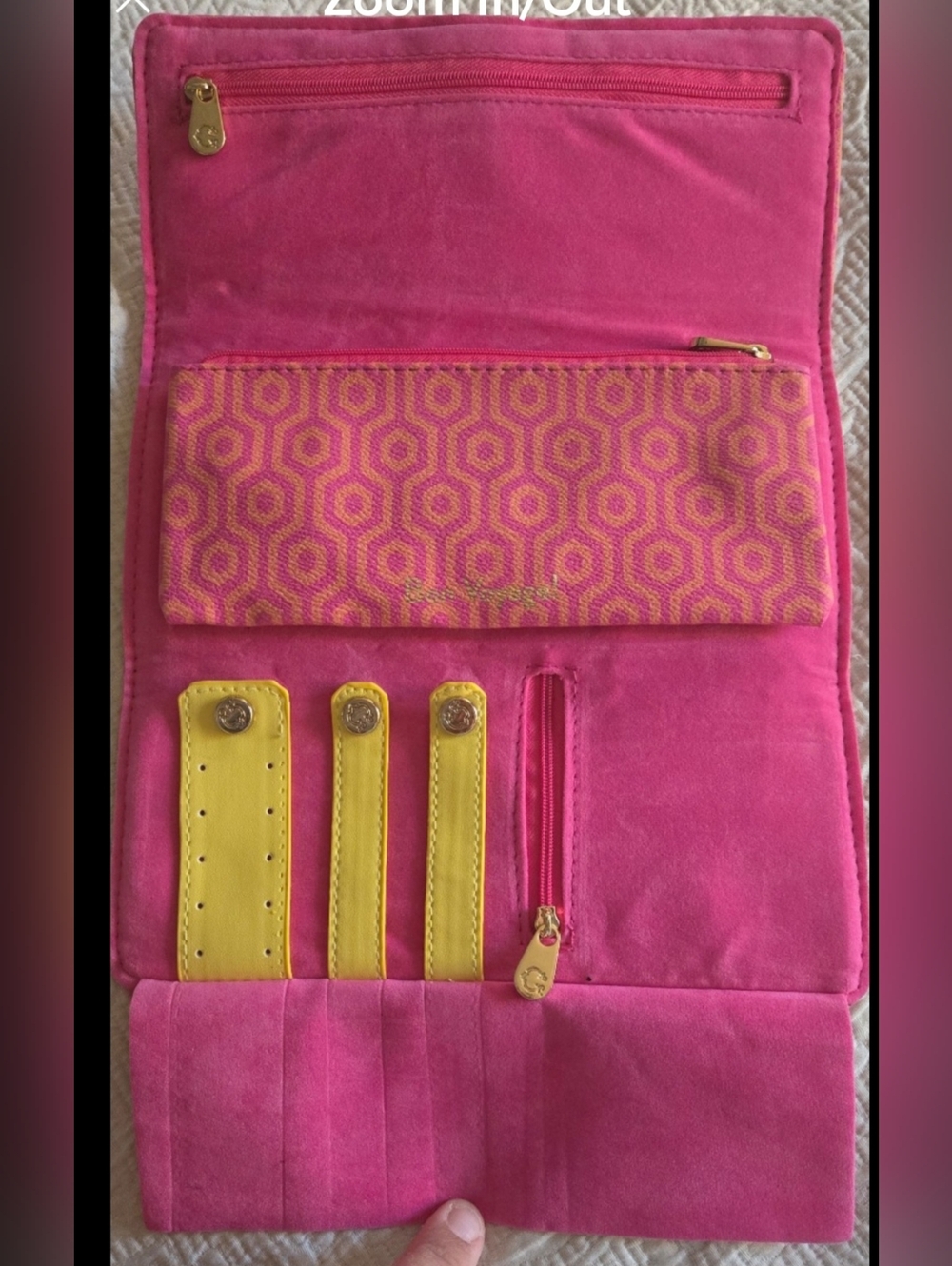 Pink Geometric Foldover Jewelry Travel Bag with Yellow Strap - Picture 2 of 10